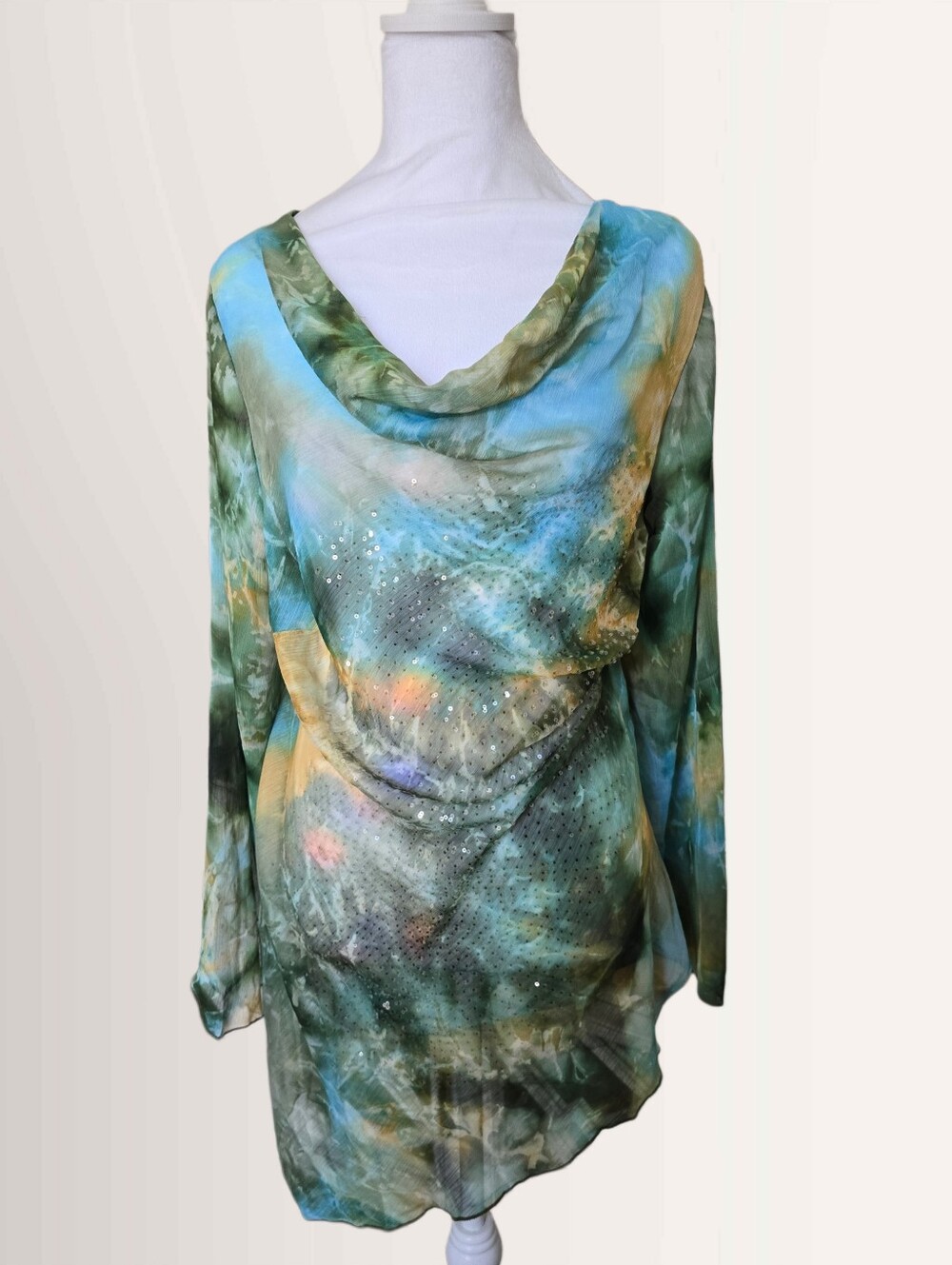 Vintage Sheer Sequin Asymmetrical Cowl Neck Tunic